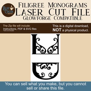 May include: Digital laser cut file for filigree monograms. The image shows the letters "I" and "U" in a decorative, scroll-like design. The file is compatible with Glowforge and includes instructions, PDF, and SVG files. The text states it is a digital download, not a physical product.