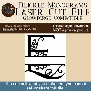 May include: A black filigree monogram letter "E" laser cut file. The image includes text that reads "FILIGREE MONOGRAMS LASER CUT FILE GLOWFORGE COMPATIBLE". The image also states that it is a digital download.