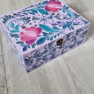 Large Wooden Jewelry Box – Hand Painted Floral Keepsake Storage – Unique Gift – Folk Art Decor – Custom Color Option