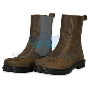 May include: A pair of brown leather boots with a zipper closure. The boots have a rounded toe and a short heel. The boots are approximately 8 inches tall.