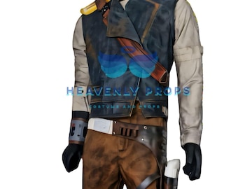 May include: A costume featuring a distressed black vest with brown accents, layered over a light grey shirt. The costume includes brown pants, a utility belt, and a holster. The text "HEAVENLY PROPS" is visible.