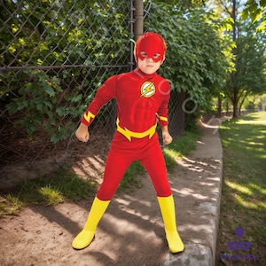 Red Lightning Hero Costume for Kids – Muscle Chest Suit, Mask, Belt, Boys Halloween Dress Up, Fast Speed Hero Outfit, Comic Roleplay Set