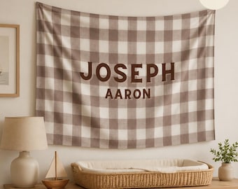Personalized Boys Room Decor, Custom Name Nursery Wall Hanging, Neutral Brown Gingham Baby Boy Bedroom Tapestry