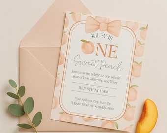 Peach First Birthday Invitation, Editable Canva Template, 5x7 Digital Download