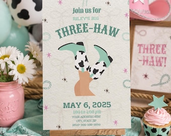 Cowgirl 3rd Birthday Invitation Printable, Western Girl Party Invite, Boots Hat Rodeo Birthday