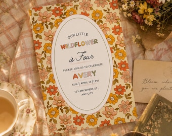Retro Floral Wildflower Birthday Invitation, Editable Canva Template (Digital Download)