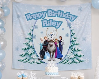 Personalized Frozen Birthday Banner, Elsa Anna Winter Wonderland Fabric Backdrop, Custom Name Party Decor