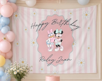 Oh Twodles Minnie Mouse Birthday Banner, Personalized Daisy Duck Fabric Backdrop, Pink Party Decor