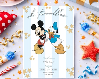 Oh Two-dles Birthday Invitation: Blue Mickey Mouse Theme (Digital Download)