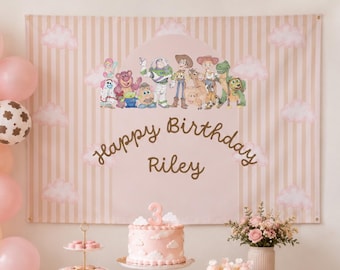 Toy Story Pink Cowgirl Birthday Backdrop, Personalized Fabric Name Banner