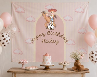 Toy Story Jessie and Bullseye Birthday Backdrop, Personalized Fabric Name Banner