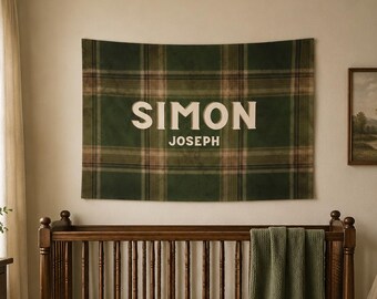 Personalized Green Plaid Fabric Banner, Custom Name Nursery Decor, Tartan Birthday Backdrop Sign