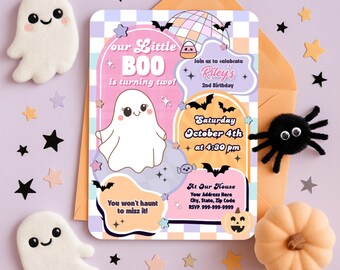 May include: A Halloween party invitation featuring a ghost illustration, bats, stars, and a pumpkin. The invitation text reads "Our Little BOO is turning two!" and includes party details. The colour scheme is pastel pink, orange, and purple.