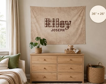 Personalized Boys Room Decor, Custom Name Nursery Wall Hanging, Neutral Brown Gingham Baby Boy Bedroom Tapestry
