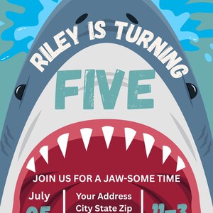 Digital shark birthday invitation for 5-year-old featuring bold "Riley is turning five" text inside shark jaws. Ocean splash theme, editable party details, perfect for summer birthdays, pool parties, or beach-themed celebrations. Printable or digital use. Designed by The Ellison Edit for jaw-some, under-the-sea fun. Great for boy or girl shark party invites, DIY kids party decor, and aquatic birthday themes.