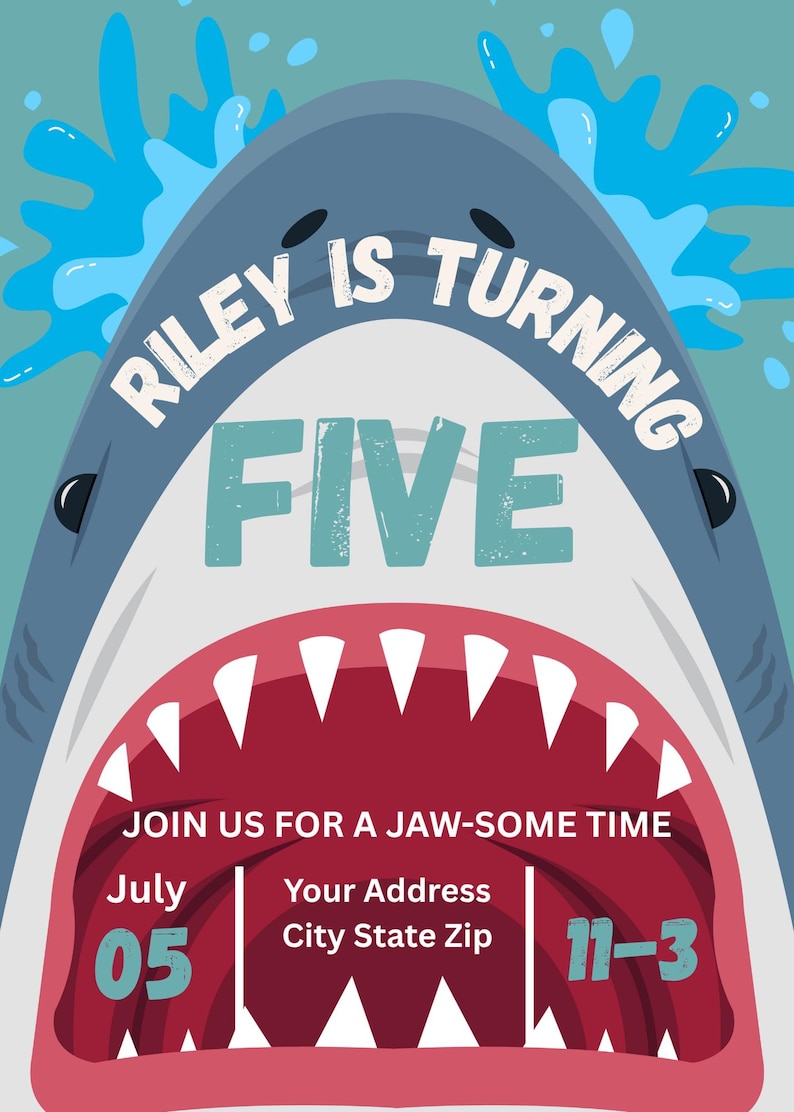 Digital shark birthday invitation for 5-year-old featuring bold "Riley is turning five" text inside shark jaws. Ocean splash theme, editable party details, perfect for summer birthdays, pool parties, or beach-themed celebrations. Printable or digital use. Designed by The Ellison Edit for jaw-some, under-the-sea fun. Great for boy or girl shark party invites, DIY kids party decor, and aquatic birthday themes.