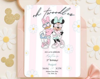 May include: A birthday invitation with a pink and white striped design, featuring Minnie and Daisy Duck illustrations. The text reads "oh twoodles" and announces a 2nd birthday celebration in August. The image includes daisy and Minnie Mouse ear decorations.