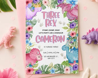 Three Rex Invitation for Girls, Pink Dinosaur 3rd Birthday Invite