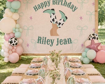 Personalized Three-Haw Birthday Banner, Cowgirl Third Birthday Backdrop, Pink Mint Western Party Decor