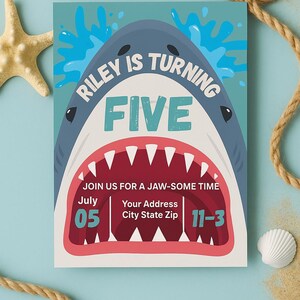 Editable shark birthday invitation for 5-year-old kids. Features bold "Riley is turning five" text inside shark mouth with ocean waves, starfish, rope, and seashells for beach-themed party vibes. Designed by The Ellison Edit. Great for printable or digital download. Perfect for boy or girl summer birthdays, pool parties, under-the-sea or JAWS-themed events. Fun and colorful kids party invite for ocean lovers.