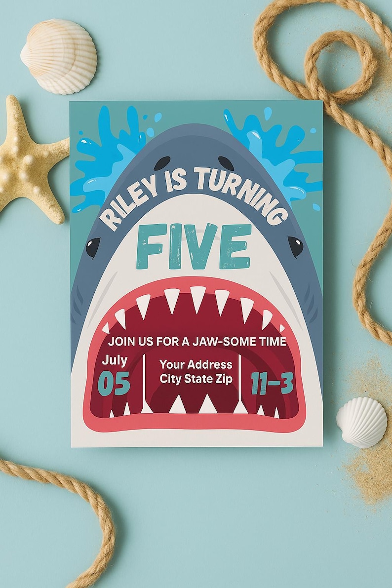 Editable shark birthday invitation for 5-year-old kids. Features bold "Riley is turning five" text inside shark mouth with ocean waves, starfish, rope, and seashells for beach-themed party vibes. Designed by The Ellison Edit. Great for printable or digital download. Perfect for boy or girl summer birthdays, pool parties, under-the-sea or JAWS-themed events. Fun and colorful kids party invite for ocean lovers.