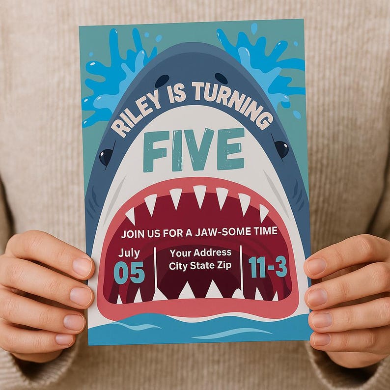 Printable shark birthday invitation held in hands, featuring bold "Riley is Turning Five" text with ocean waves, splashes, and a shark mouth design. Perfect for boys’ beach birthday, summer party, pool bash, or under-the-sea themed celebration. Editable template from The Ellison Edit. Ideal for ocean lover kids turning 5. Great for DIY party planning, digital download, and customized birthday invites.