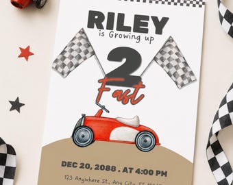 Growing Up Two Fast Birthday Invitation Editable Canva Template, Race Car 2nd Birthday Invite