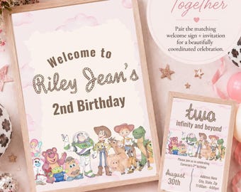 Toy Story Pink Cowgirl 2nd Birthday Bundle, Editable Invitation and Welcome Sign