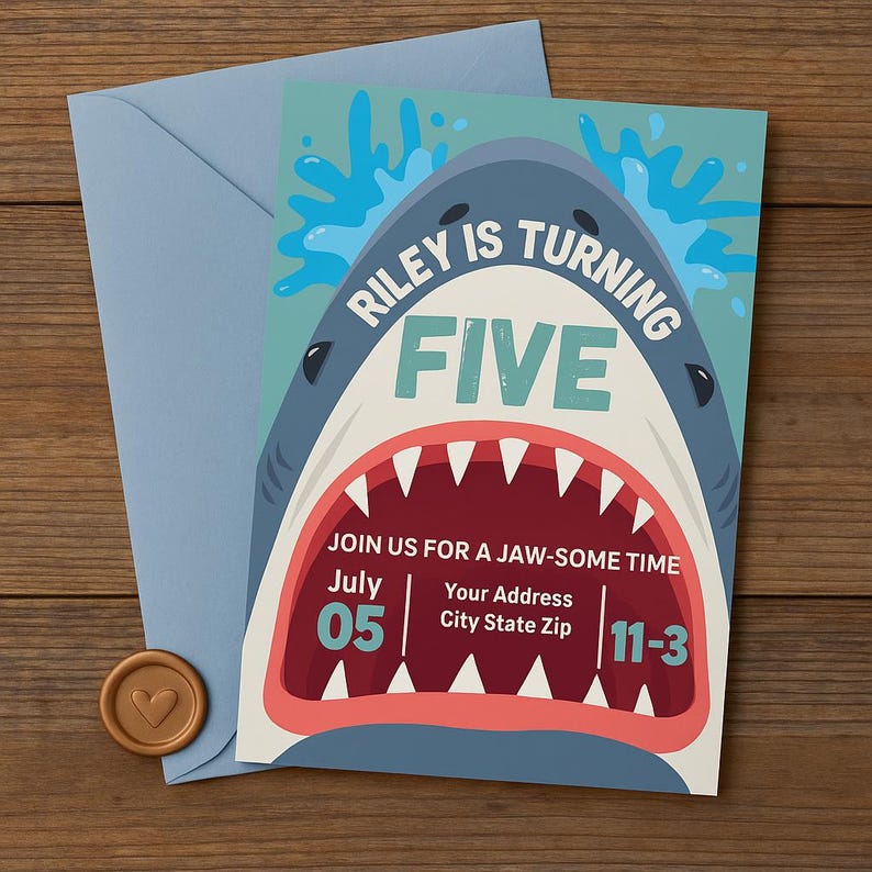 Editable shark birthday invitation with envelope, featuring “Riley is Turning Five” in bold text with ocean splashes and a shark mouth design. Perfect for ocean, beach, or pool party themes. Printable invite for kids’ summer birthdays. Digital download template from The Ellison Edit. Great for DIY party planning, under-the-sea party themes, and boys’ shark-themed birthday decor.