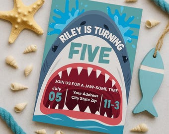 Shark Birthday Invitation: JAW-some Pool Party Theme (Canva Template, Digital Download)