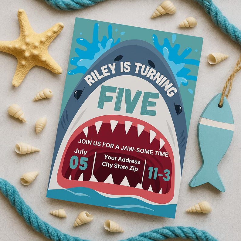 Shark birthday party invitation for kids, featuring ocean theme and bold "Riley is turning five" design. Editable digital download perfect for summer beach or pool parties. Includes shark mouth graphic, waves, and party info layout. Printable or digital use. Designed by The Ellison Edit—ideal for jaw-some celebrations, boy or girl birthdays, and fun under-the-sea themed events.