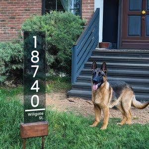 Personalized Glass Address Sign, Adorable House Numbers with Natural Wood & Glass Column Sign, Driveway Address Marker, Lawn Sign on Stakes