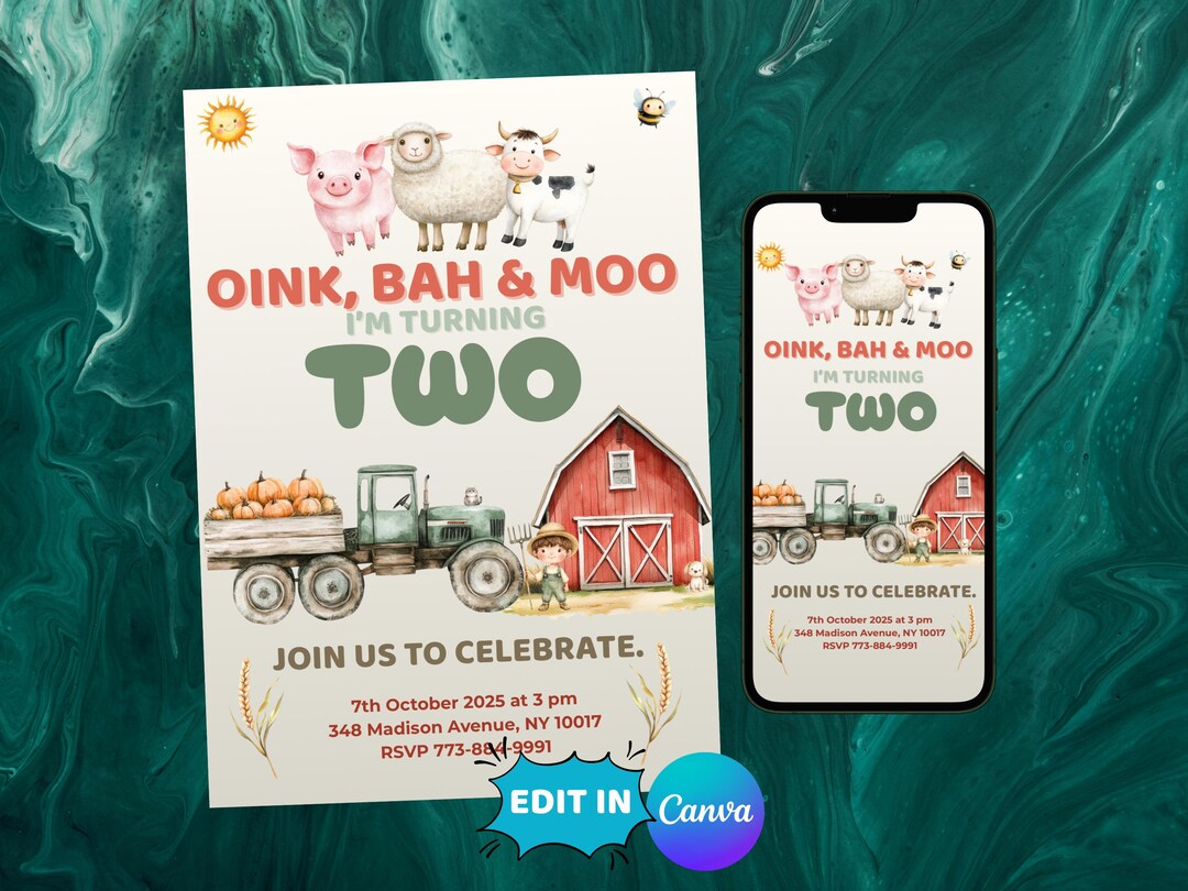 Editable Farm Animal Birthday Invitation – Oink Bah Moo 2nd Birthday ...