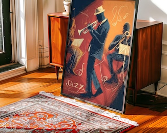 May include: A framed art print featuring a jazz band. The artwork depicts three musicians playing instruments against a red and orange background. The word "JAZZ" is written in white script at the bottom. The print is displayed on a wooden floor.