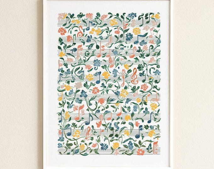 Floral Musical Notes Art Print: Botanical Music Notation Wall Decor for Studios and Musicians | William Morris Inspired