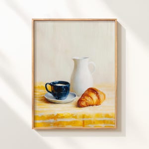 Impresión artística de café: bodegón matutino, decoración de pared para cocina, cafetería y estética.