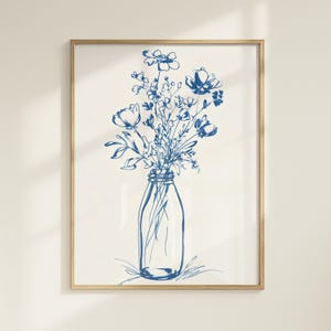 Blue Floral Line Art Print: Minimalist Botanical Wall Decor