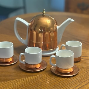 Vintage Porcelain Teapot Set, Insulated Copper Topper, 4 Cups, 3 Saucers