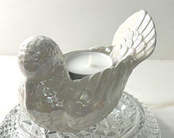 Vintage iridescent dove tealight candle holder, bird decor , home knickknacks