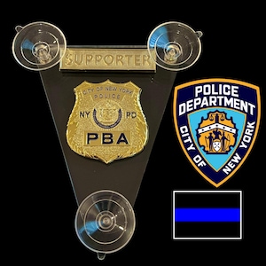 Insignia dorada para ventana de automóvil de partidario de la PBA de la ciudad de Nueva York, NYPD, con soporte de ventosa acrílica y calcomanías.