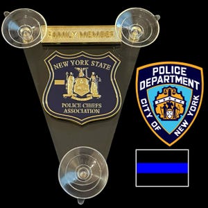 New York NY State police PBA family member gold car window shield badge with acrylic suction cup holder and decals nyc nypd nys