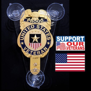 Escudo dorado para ventana de coche de veterano de EE. UU., insignia estilo PBA, soporte de ventosa acrílica, calcomanías para apoyar a nuestros veteranos. Orgulloso veterano de EE. UU.