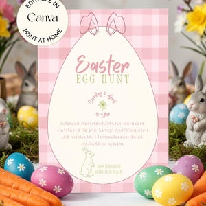 DEUTSCH Colorful Gingham Easter Egg Hunt Invitation Printable Easter Party Invite Canva A6 Editable Digital Download