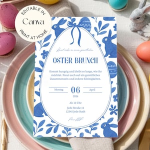 DEUTSCH Blue Seamless Pattern Easter Brunch Invite Printable Easter Party Invitation Canva A6 Editable Digital Download