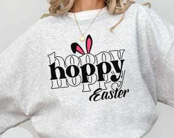Happy Easter Bunny Sweatshirt, Rabbit Ears Graphic Tee, Spring Holiday Outfit