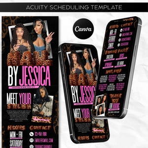 May include: Acuity scheduling template for a nail salon, featuring the text "NAIL BY JESSICA" in pink and leopard print. The design includes images of women, contact information, and booking policies, displayed on a phone and a flyer.