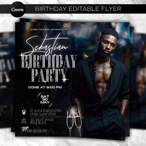 Könnte beinhalten: Schwarz-silberner Geburtstagsparty-Flyer mit dem Text "Sebastian Birthday Party" und einem Foto eines Mannes in einem schwarzen Hemd. Der Flyer enthält Eventdetails: Datum, Uhrzeit und Ort. Das Canva-Logo befindet sich in der oberen linken Ecke.