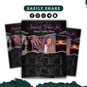 Op de afbeelding: Een zwarte en roze prijslijst voor diensten met afbeeldingen van haar- en nagelstijlen. De tekst "Services Price List" is in een decoratief lettertype. De woorden "Read Carefully Please" zijn ook zichtbaar. Social media-pictogrammen staan bovenaan.