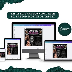 May include: A digital display of a "Lace Wig Master Class" flyer on a computer monitor, tablet, and smartphone. The flyer is black with white text and images of women with wigs. The text "Easily edit and download with PC, laptop, mobile or tablet" is displayed.