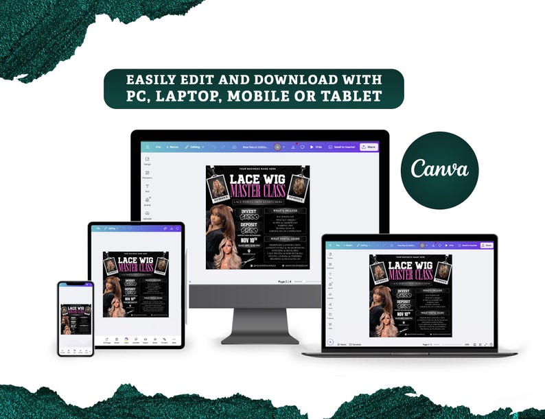May include: A digital display of a "Lace Wig Master Class" flyer on a computer monitor, tablet, and smartphone. The flyer is black with white text and images of women with wigs. The text "Easily edit and download with PC, laptop, mobile or tablet" is displayed.
